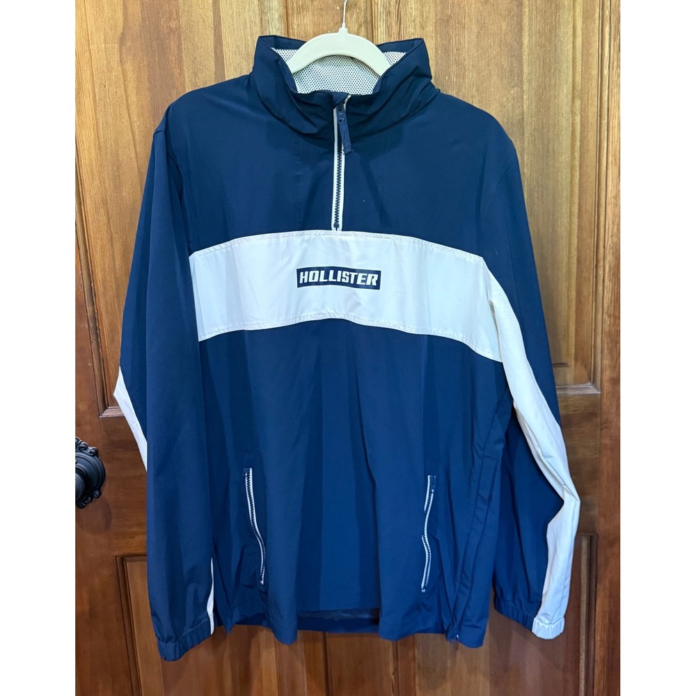 Hollister Mens Navy Blue White Colorblock‎ Quarter Zip Windbreaker Jacket L